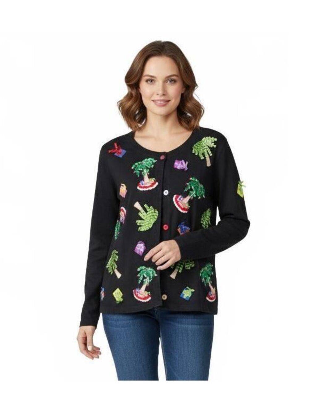 Black Long Sleeve Sweater with Colorful Palm Tree and Gift Embellishments